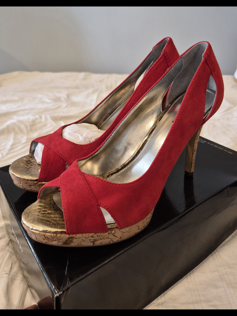 Alfani Red Suede Peep-Toe Heels with Cork Platform